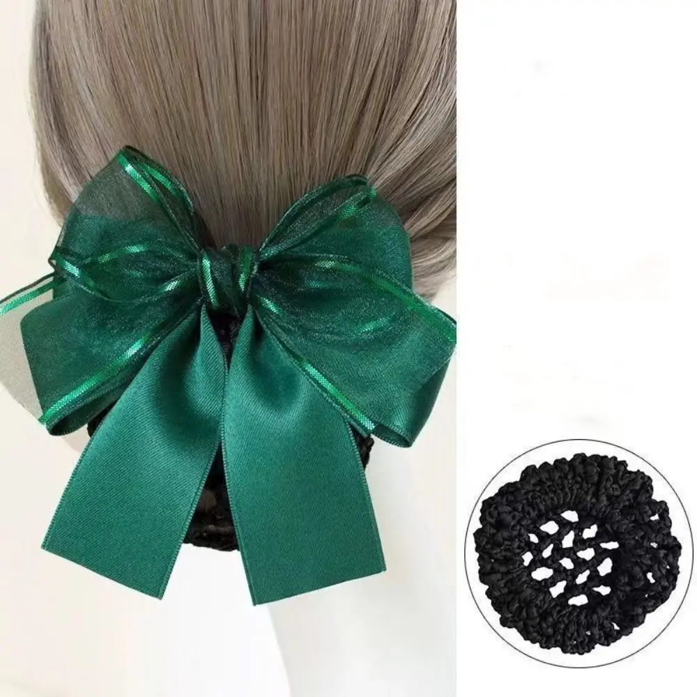 Vintage Bow Korean Bun Snood Women Spring Clips Korean Style Bowknot Hair Bun Cloth Hairgrips Cover Net Flight Attendant