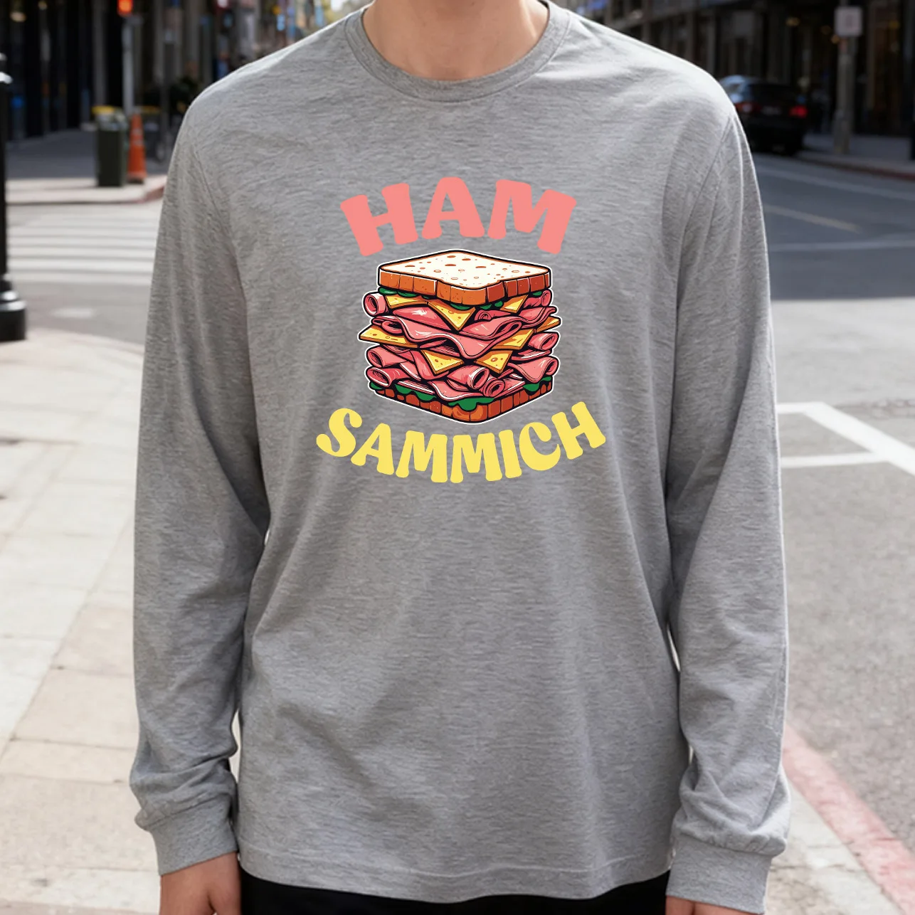 Ham Sammich Men's Long Sleeve Tee 100% Cotton 180g Crew Neck Casual Daily Style Soft and Breathable