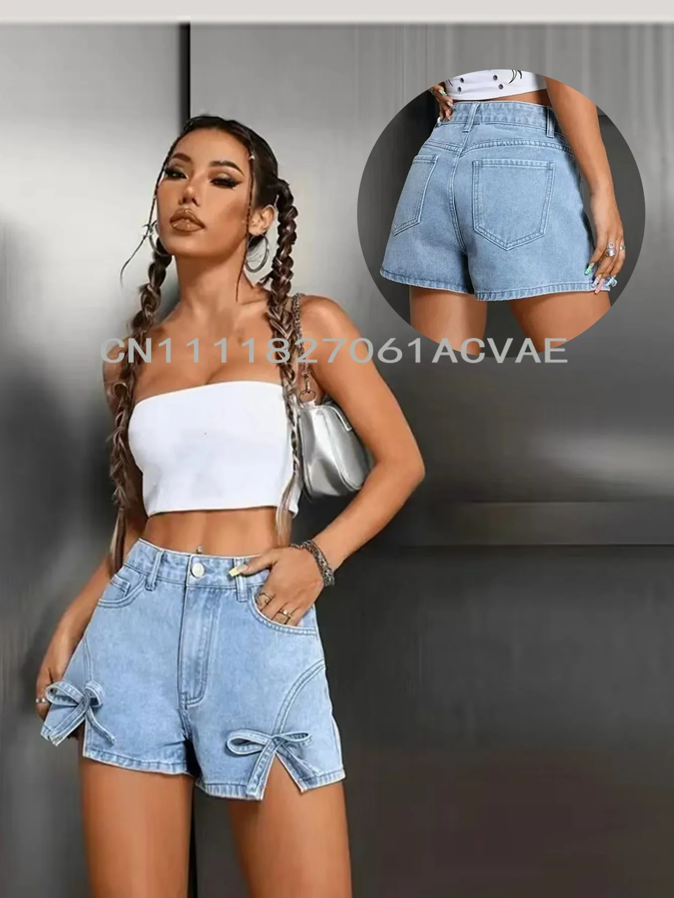 

Summer Women's Clothing Bow Detail Denim Shorts High Waist Ripped Jean Shorts For Woman Vintage Y2K Sexy Casual Party Outfits