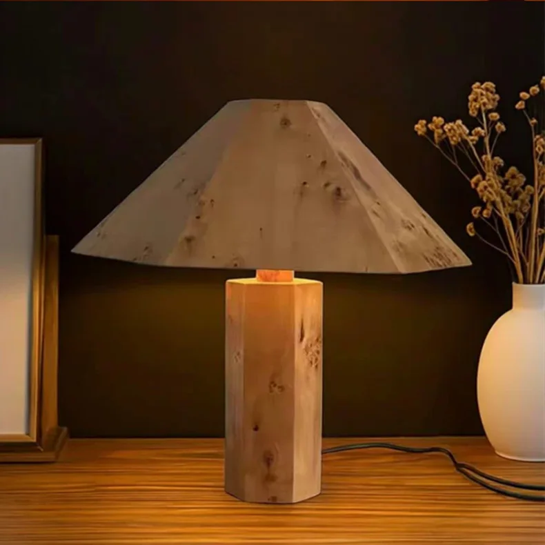 Mid-Century Vintage Burl Wood Table Lamp Wabi-sabi Style Solid Wood Base Conical Shade Desk Light, Designer Decorative Bedside L