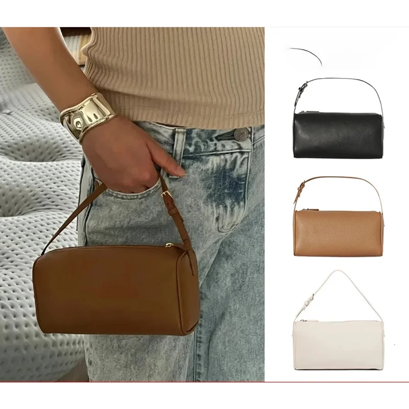 

Leather Pencil Case Genuine Leather Cylinder Bag Trendy Shoulder Purse Luxury Designer Bag Fashion Women's Handbag Chic Pouch