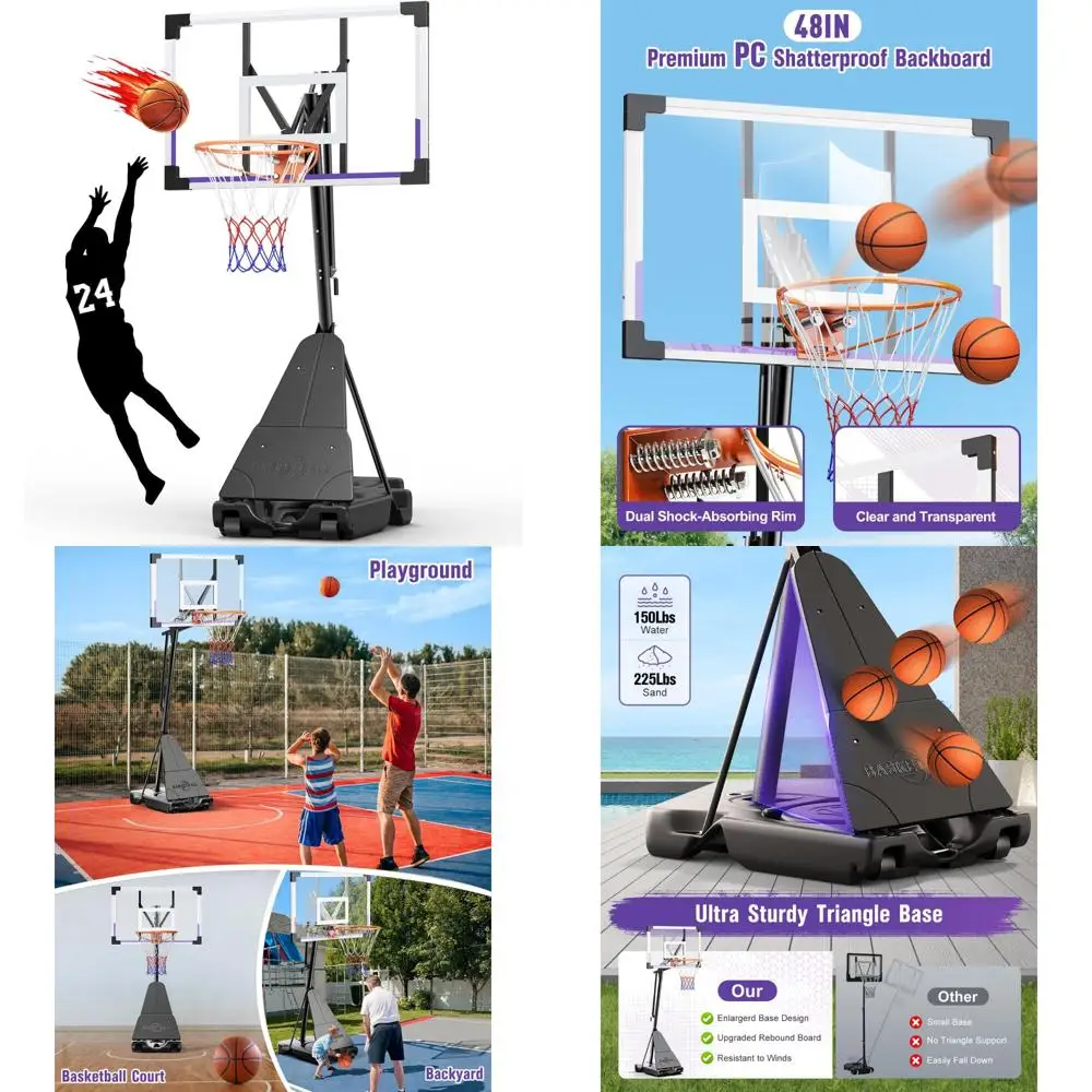 Баскетбольное кольцо для улицы с регулируемой высотой и небьющейся пластиной ПК, портативное, 44/48 дюймов, диапазон высоты 5,25–10 футов, идеально подходит для