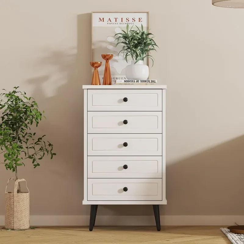 Function Home Dresser with 5 Drawers, Wood Storage Chest of Drawers with Anti-Toppling Device for Bathroom