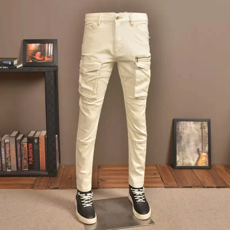 Street Fashion Men Jeans Beige White Stretch Slim Fit Hip Hop Biker Jeans Men Pockets Designer Casual Denim Cargo Pants Hombre