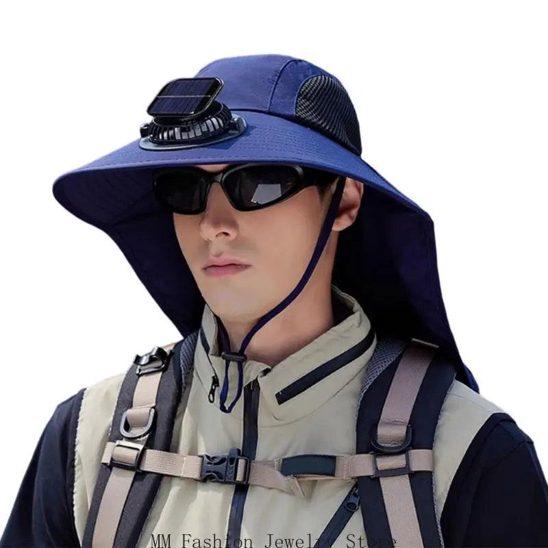 Solar Charged Ventilated Sun Hat With Lightweight Fabric And Wide Brims Fishing Hat Rolls Up Neck Flap For Comfort D0UB