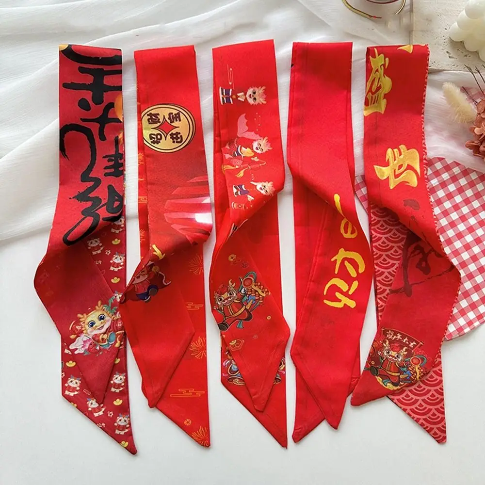 Dragon Pattern New Year Red Silk Scarf Printed Hair Tie Long Scarf New Year Scarves Ribbon Headband Scarf Hair Band Female