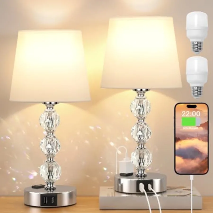 Crystal Table Lamp Set of 2 for Bedroom/Living Room, White