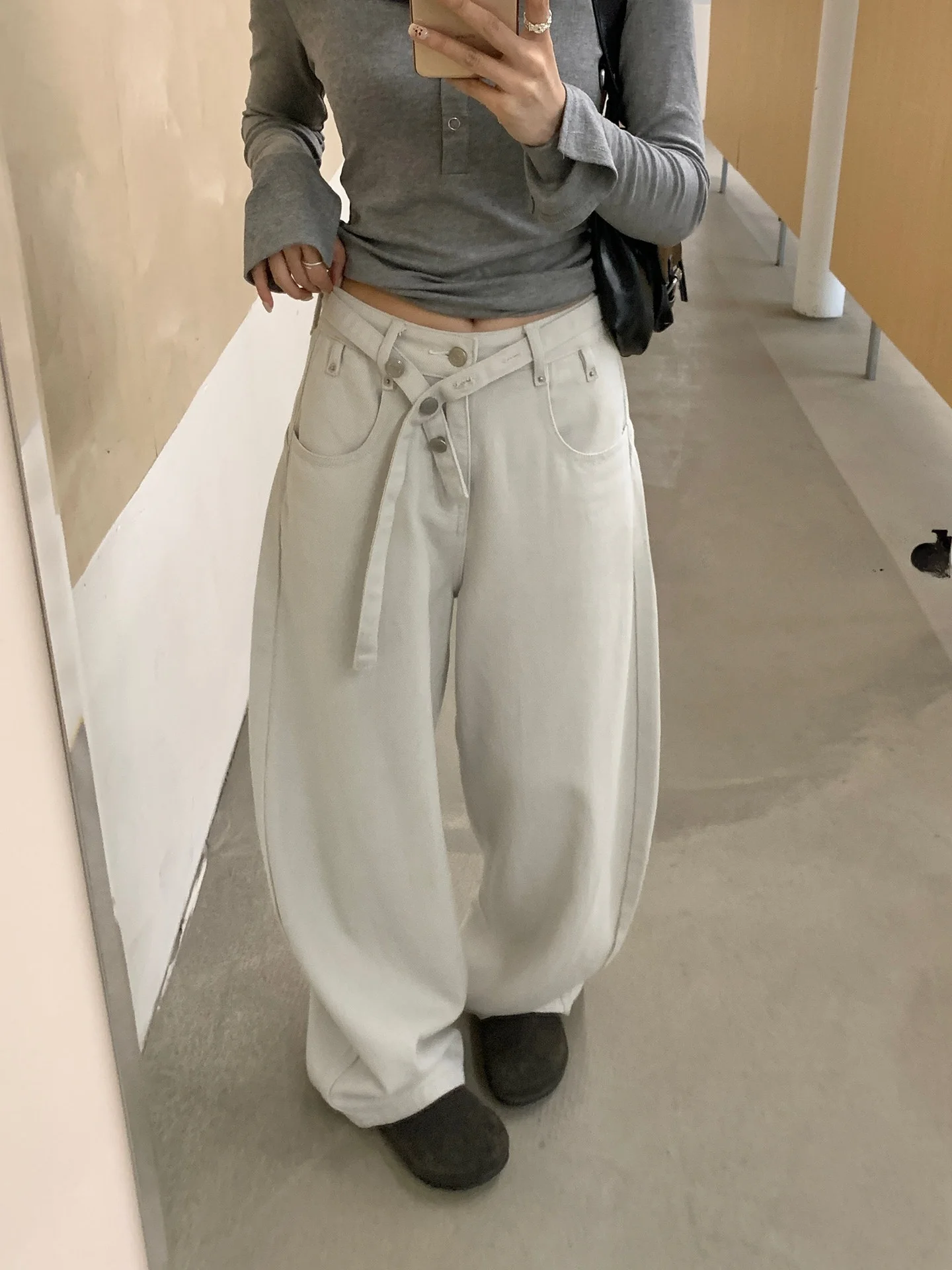 

High Waist Wide Leg Jeans Women's Lazy Sle Waed Blue Jeans Spring Cotton Straight Cut Slimming Long Pants Belt Included