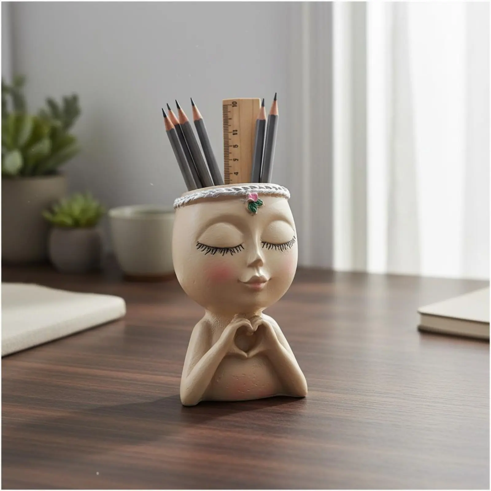 Girl Figurine Pen Holder Multi-Functional Cactus Head Planter Head Planter Pot Decorative Cute Face Pot for Desk, Bedroom