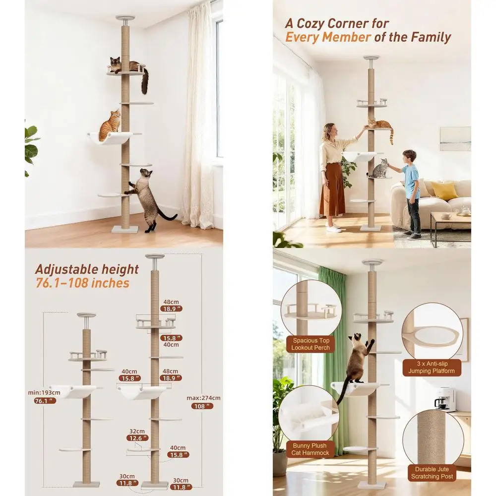 

Регулируемая 5-уровневая деревянная башня для кошек, высота 76–108 дюймов, с противоскользящими платформой, большим окунем, плюшевым гамаком и когтеточками
