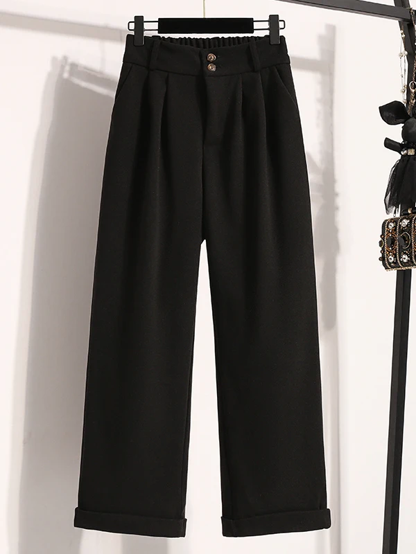 Women's Wide Leg Pants High Waist Thiened Woolen Roll  Autumn Winter plus Size Abdomen Control Long Length Straight Cut
