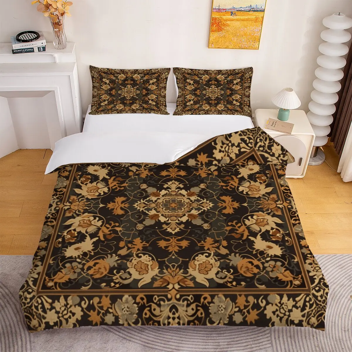 

Pattern center Down comforter set, extra large size Patterned border Printed duvet cover 3-piece set with 2 pillowcases