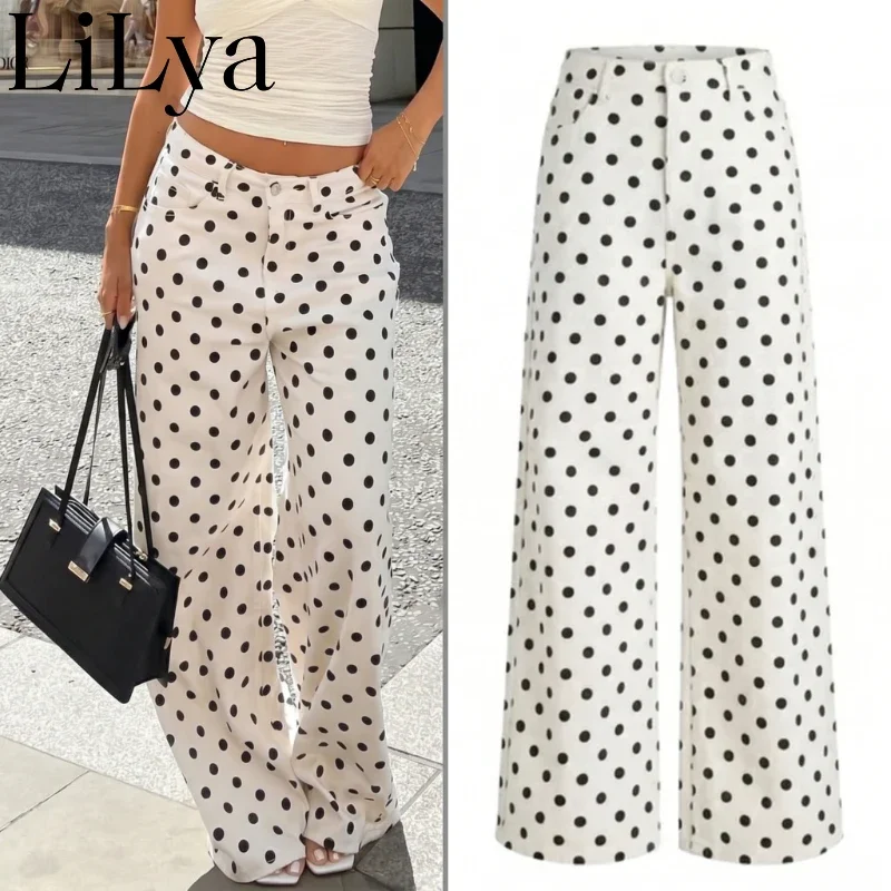 Fashion Polka Dot Pants Women Button High Rise Y2k Baggy Straight Wide Leg Long Daily Casual Commute Woman Pants Streetwear