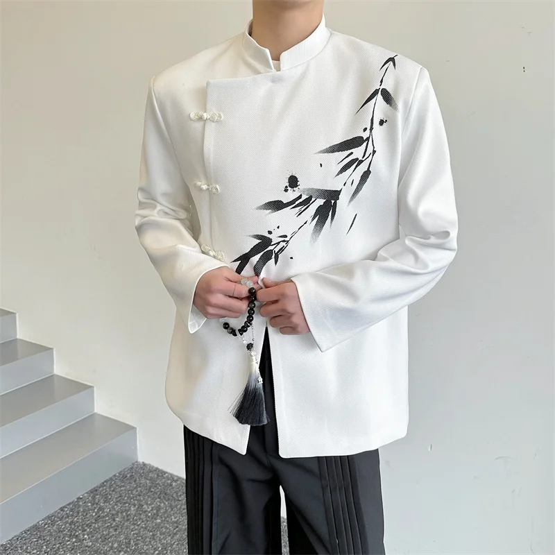 Spring New Chinese Style Wedding Bamboo Print Jacket Men's Slanted Button up Coat Casual No Iron Treatment Youthwear