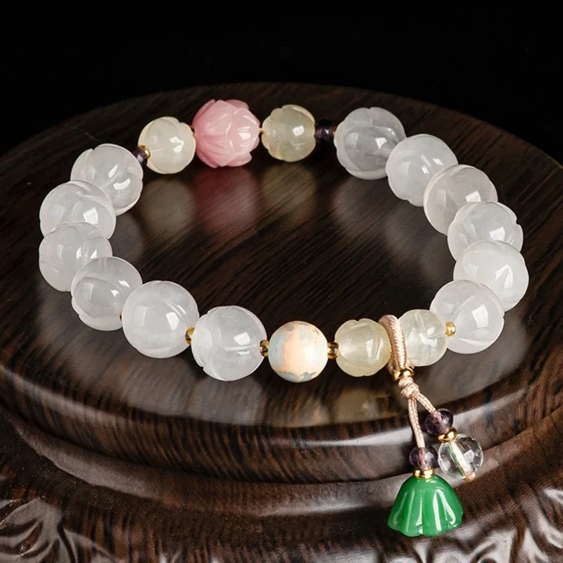 

Natural Jade Bangle Women Lucky Gift 10mm Carved Lotus Flower Round Beads Bracelet