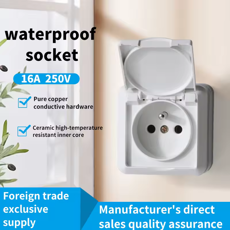 Prise murale externe anti-poussière, 250V, 16a, Standard européen français, 2 trous, blanc, 1 bouton, avec couvercle, ABS ignifuge