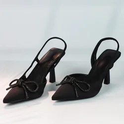 Summer Women Sandals New Pointed Toe Slingbacks Butterfly Knot Black Back Strap Elegant Party Super High Heels Ladies Shoes