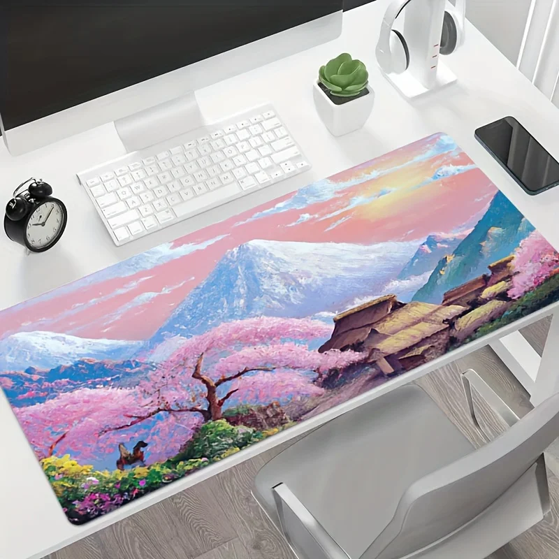 mouse-pad-grande-ultra-suave-design-de-flor-de-cerejeira-japonesa-e-montanha-nevada-base-de-borracha-duravel-antiderrapante
