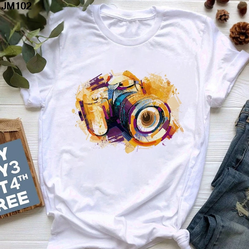 Fashion Camera Print Ladies T-shirt Summer Thin Women Streetwear Short Sleeve Tshirt Harajuku White Tops Female Clothing T Shirt