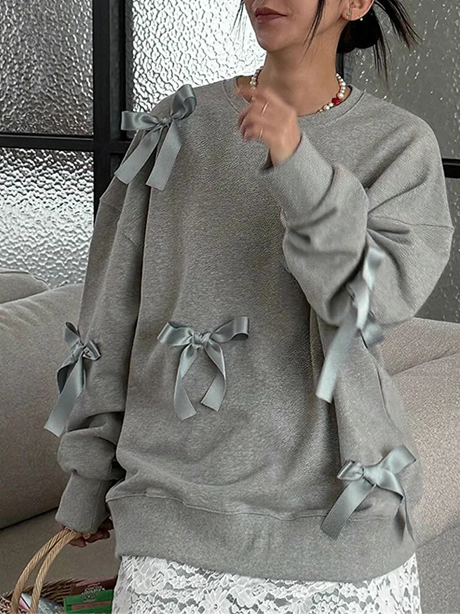 Women’s Oversized Sweatshirts Ribbon Bows Patched Long Sleeve Round Neck Solid Color Pullovers Autumn Casual Loose Fit Hoodies