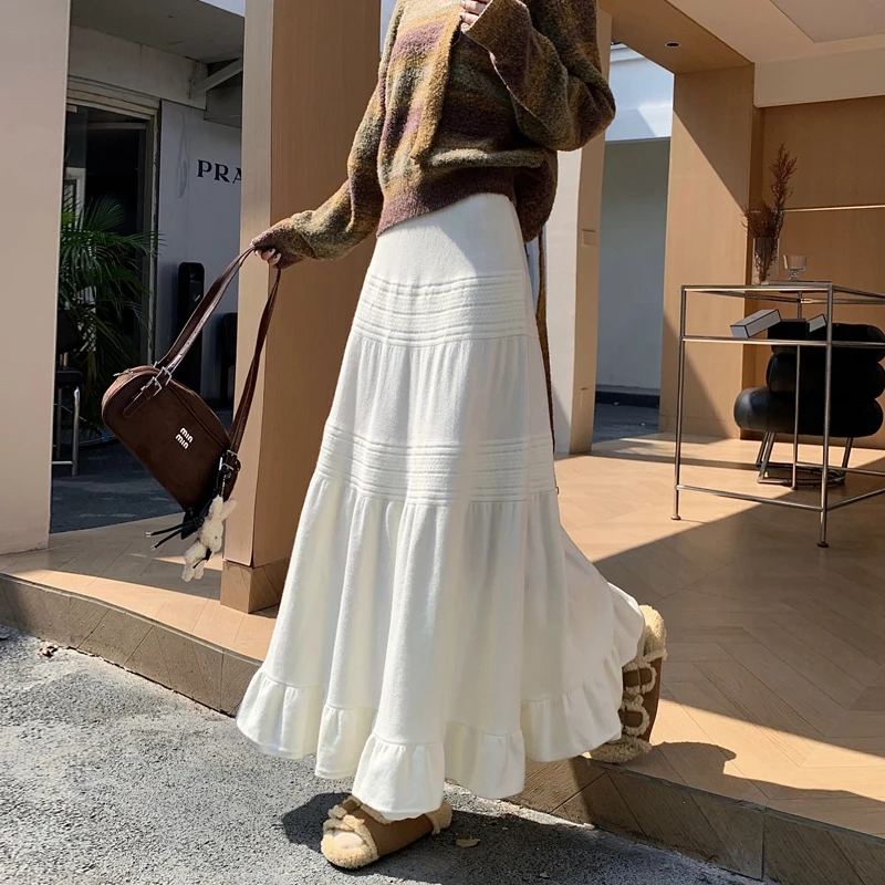 2026 Herfst Winter Kant Splitsen Gebreide Halve Rok Vrouwen Hoge Taille Afslanken Garen Taart Rok Brede A-lijn Casual rok