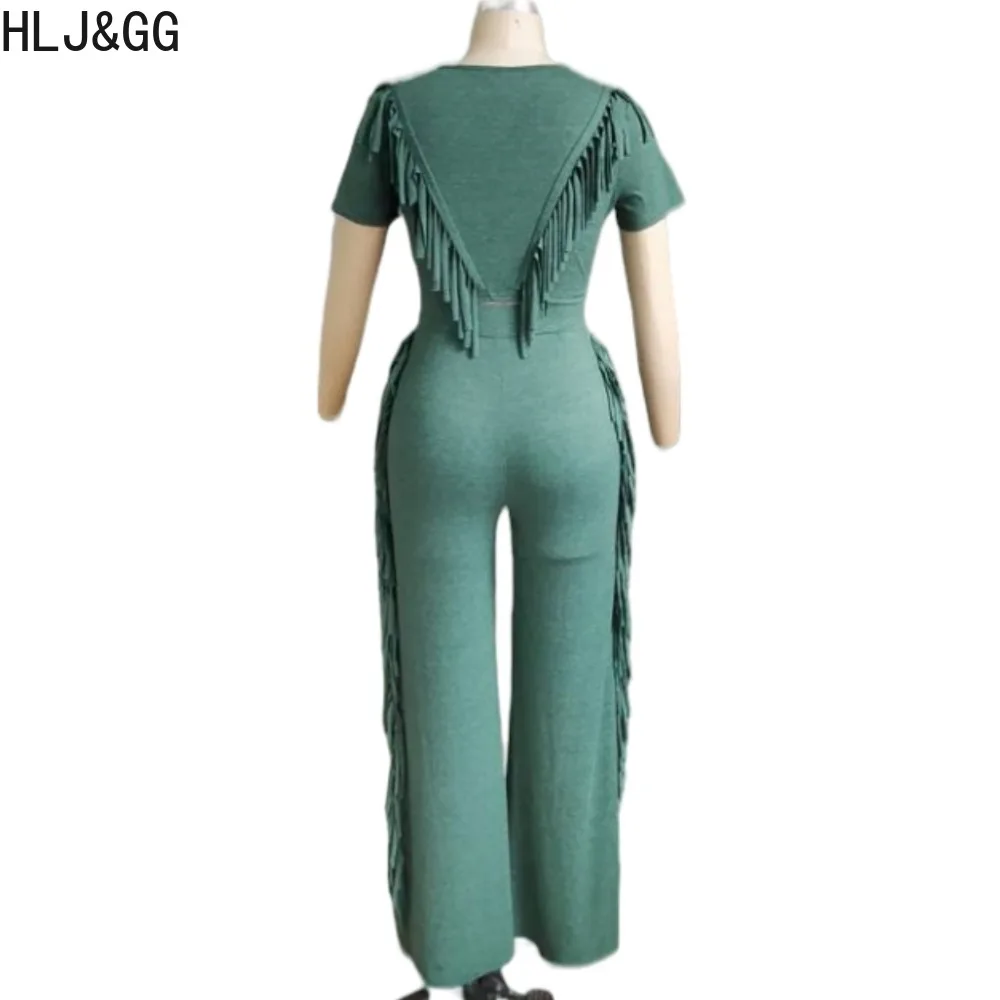 HLJ&GG Fashion High Elasticity Quality Tassels Two Piece Sets For Women Round Neck Short Sleeve Crop Top And Pants Outfits 2024