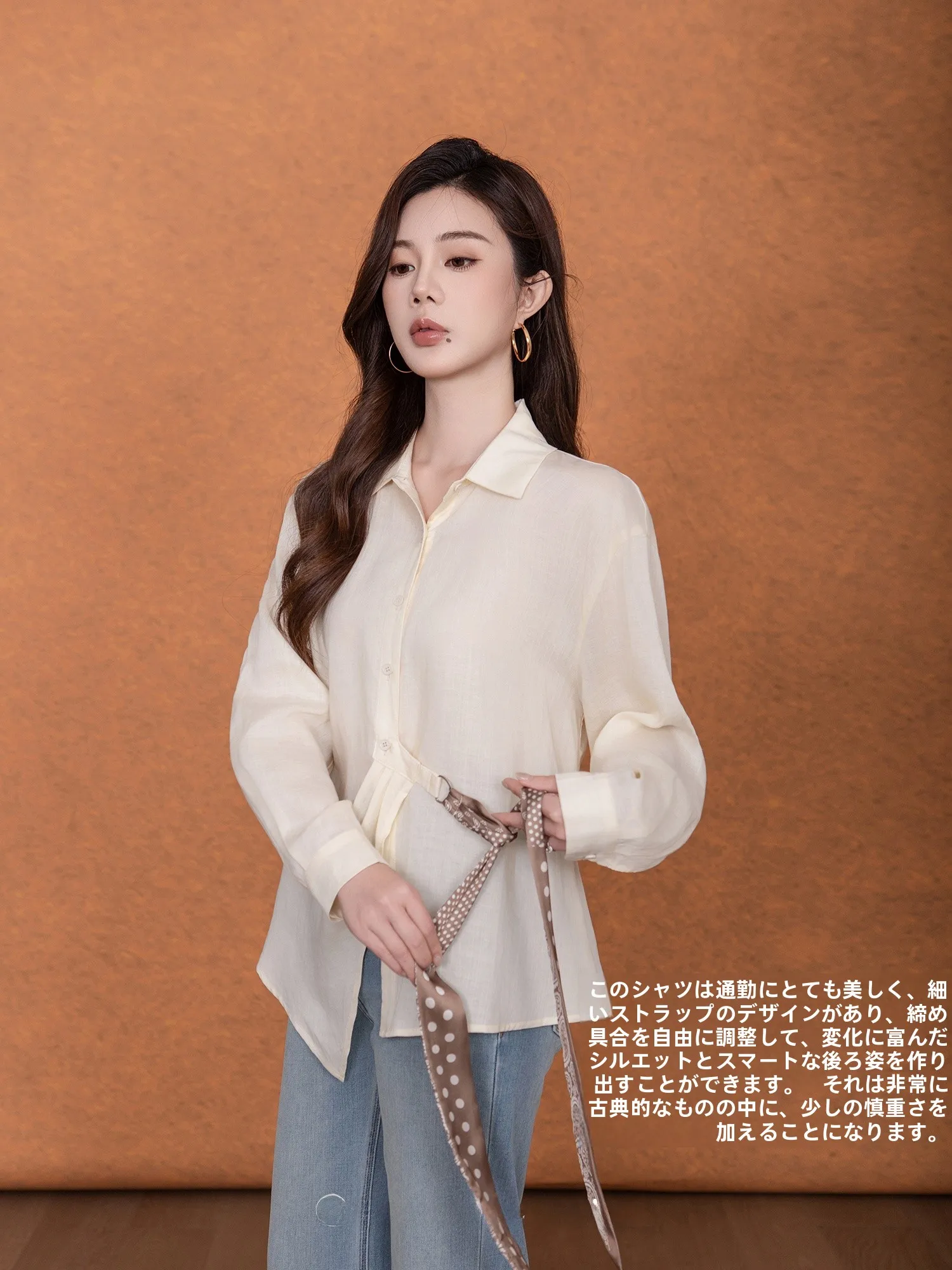 

Designers Women's Shirt Waist Cinched Summer Linen Learsel Pleated Silk Scarf Chinese Brand Casual Straight Cut Long Sleeve
