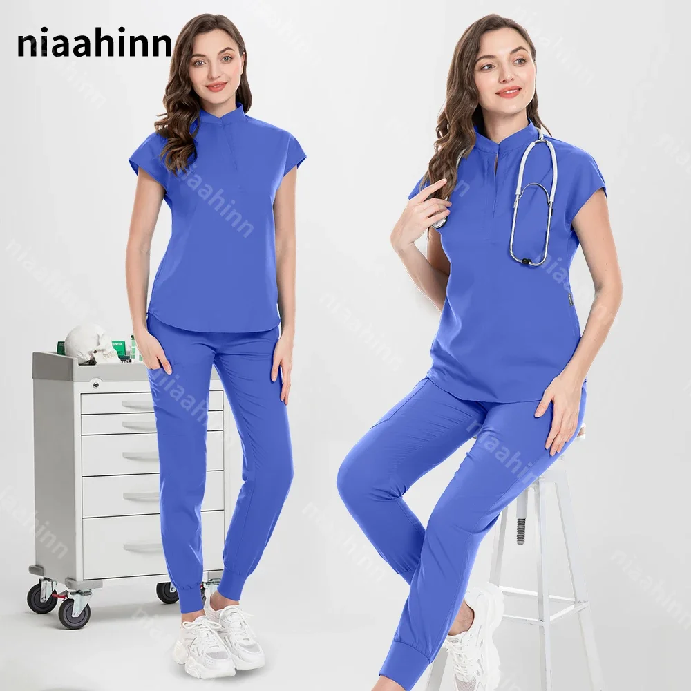 Tuta chirurgica ospedaliera scrub medico elastico uniforme donna maniche corte Pet femminile salone di bellezza abbigliamento da lavoro accessori per infermiere