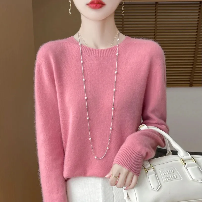 Women Crew Neck Knit Sweater Long Sleeve Loose Fit Seamless Wool Pullover Fall Winter Casual Tops