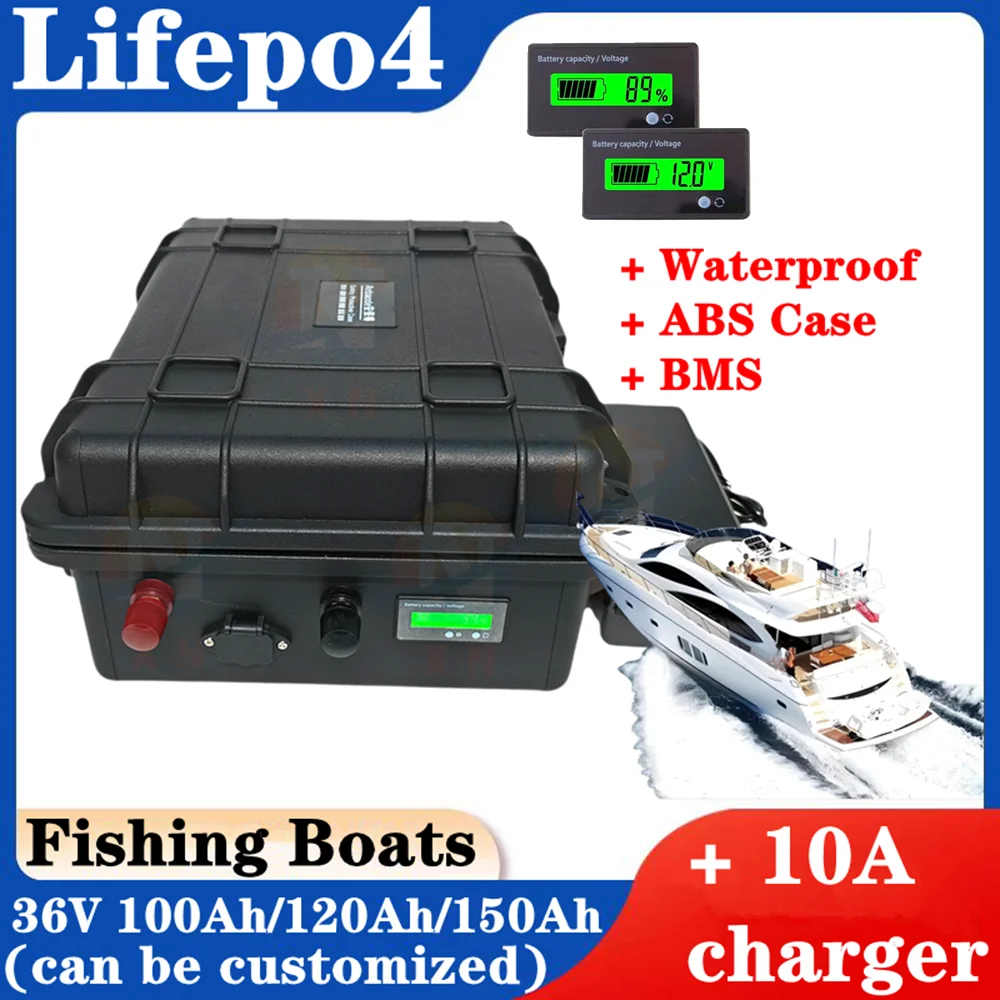 

Waterproof 36V 150Ah 100Ah 120Ah LiFepo4 lithium battery pack with BMS for fishing boats solar system motor EV RV+10A charger