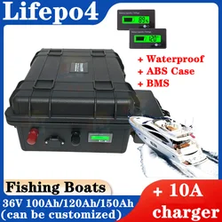 Waterproof 36V 150Ah 100Ah 120Ah LiFepo4 lithium battery pack with BMS for fishing boats solar system motor EV RV+10A charger