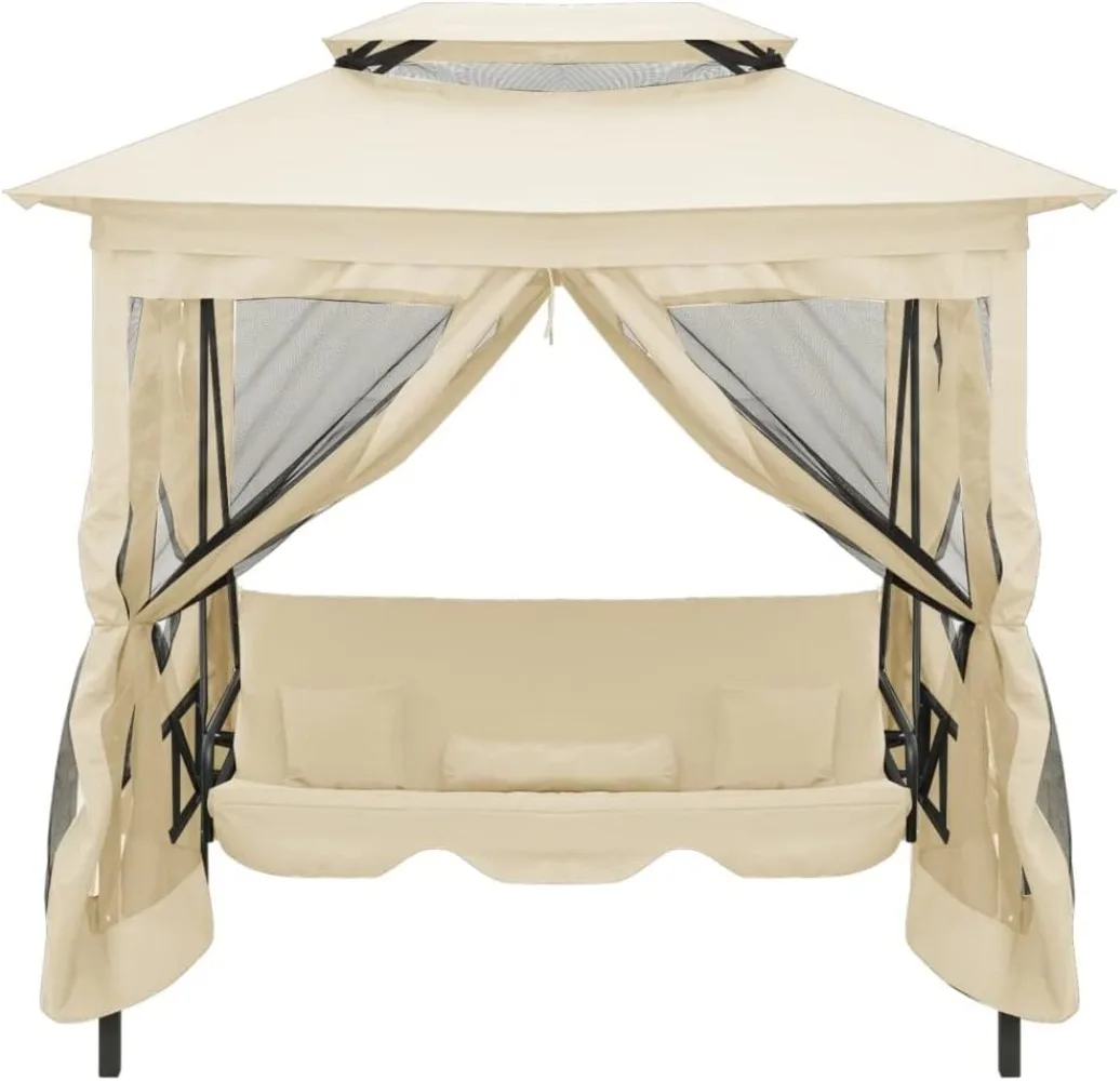 Gazebo Convertible Swing Bench Cream White - Spacious Double-Seater Gazebo Swing Bench - Features Convertible Bed