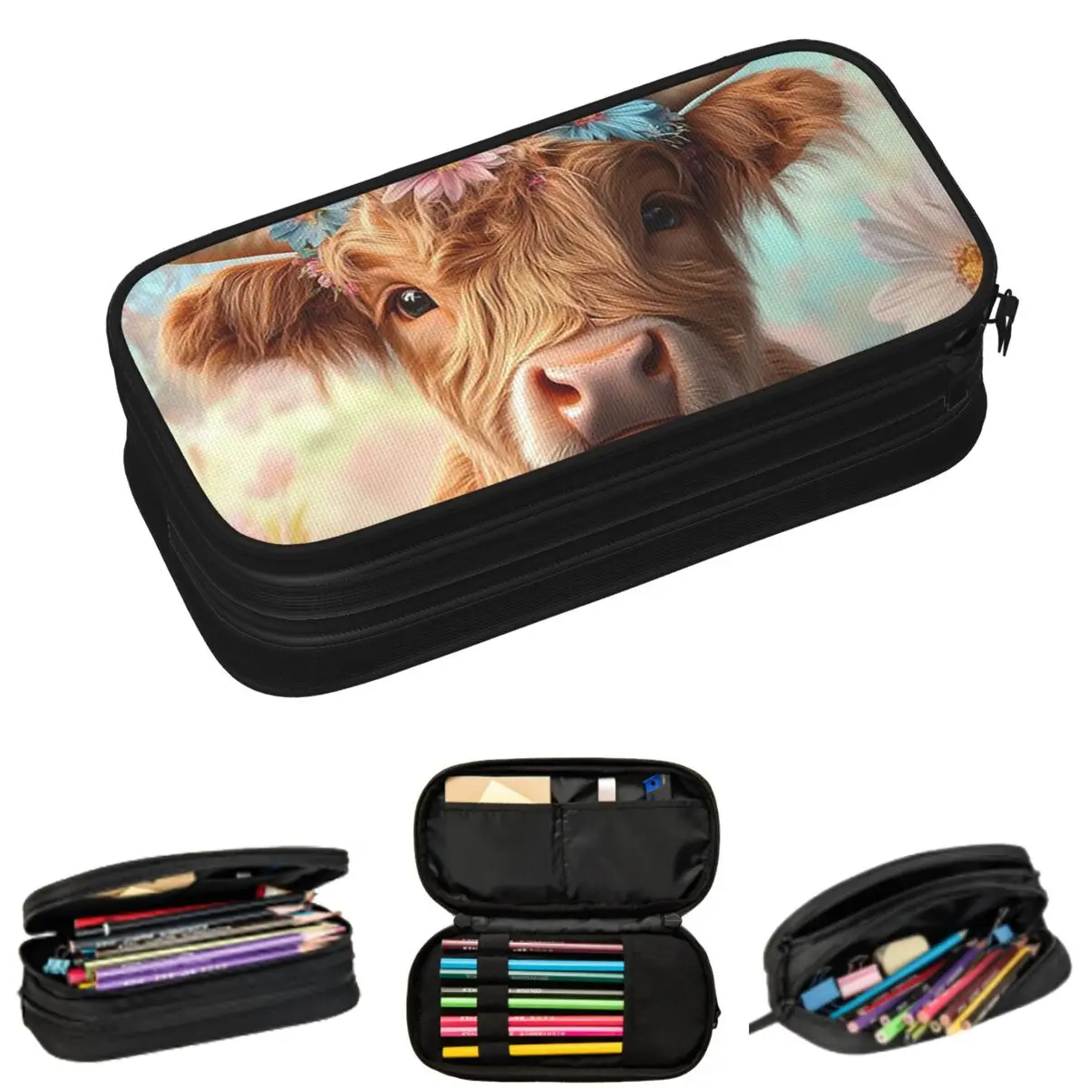 

Пеналы для школьников Sunflower Mountain Cow с розовым бантом, вместительные пеналы-косметички для ручек и карандашей