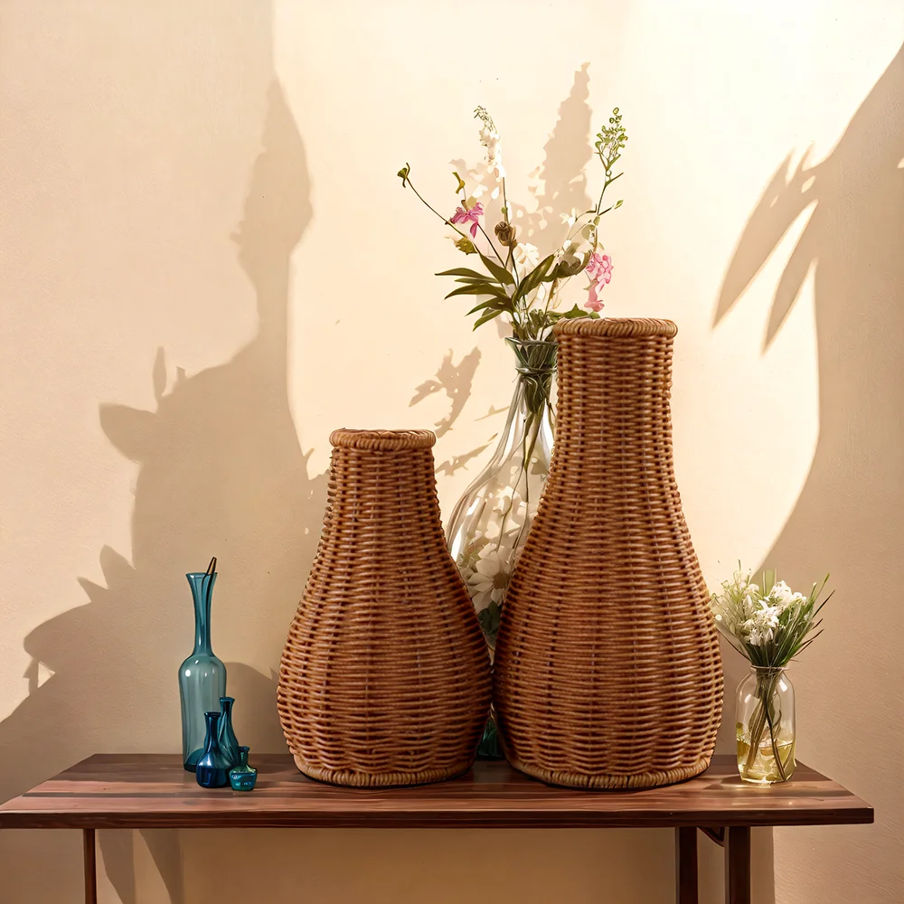 Rustic Hand-Woven Vintage Imitation Rattan Decorative Striped Plastic Horn-Shaped Flower Vase for Indoor and Balcony - No Electr