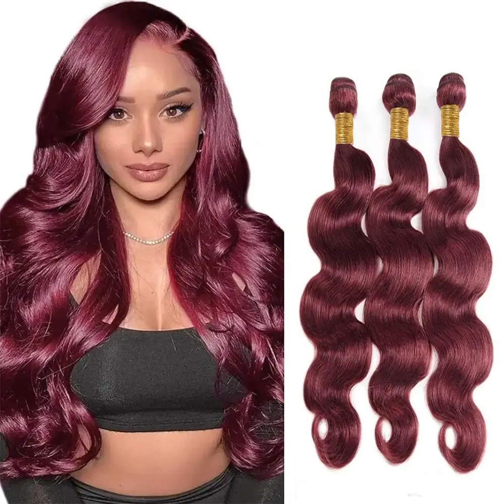 

26 28 30 inch 99J Body Wave Bundles Brazilian Wavy Burgundy Human Hair #99j Wine Red 1/3 Bundles Remy Hair Extensions