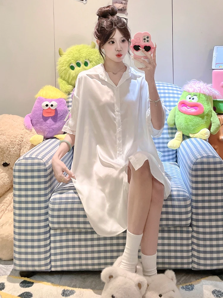 DAIMELU Ice Silk Shirt Pajamas Women's Thin Summer Premium Large Size Sexy Silk Short Sleeve Pajamas Spring and Autumn nightgown