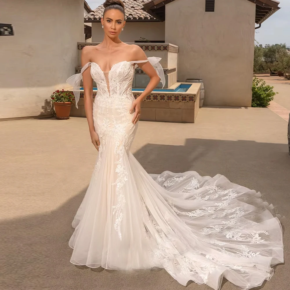 فساتين زفاف حورية البحر عصرية مخصصة للمرأة الزفاف قبالة الكتف الخامس الرقبة تول يزين Vestidos طول الأرض فستان زفاف