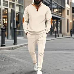 Herfst en winter nieuwe herenmode buitensporten halve rits Wafel casual opstaande kraag lange mouw hoodie + broek heren su