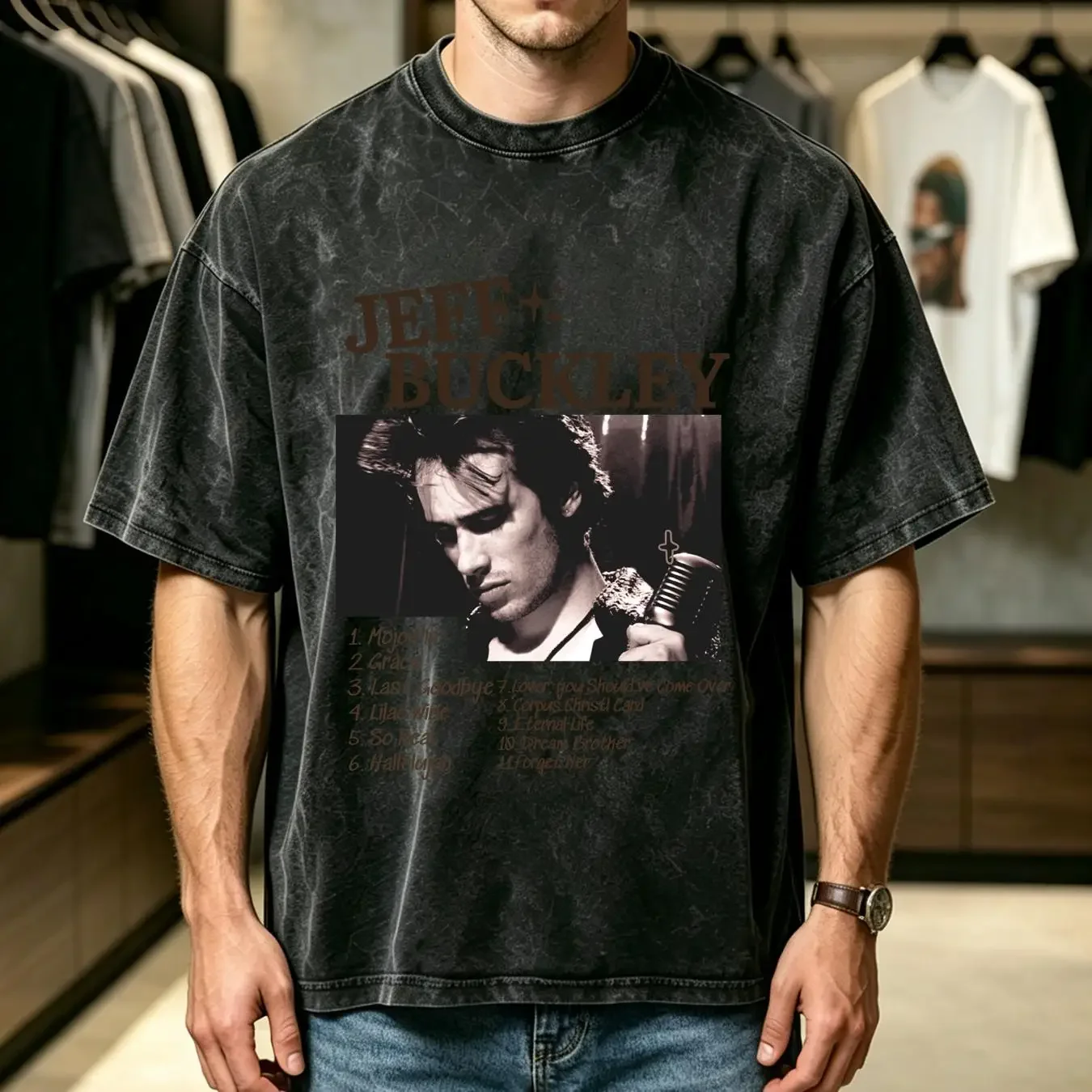 washed T Shirt Jeff Buckley White Boy Tour 1995 Music AN21681 vintage Washed Soft Casual streetwear Comfortable Slightly