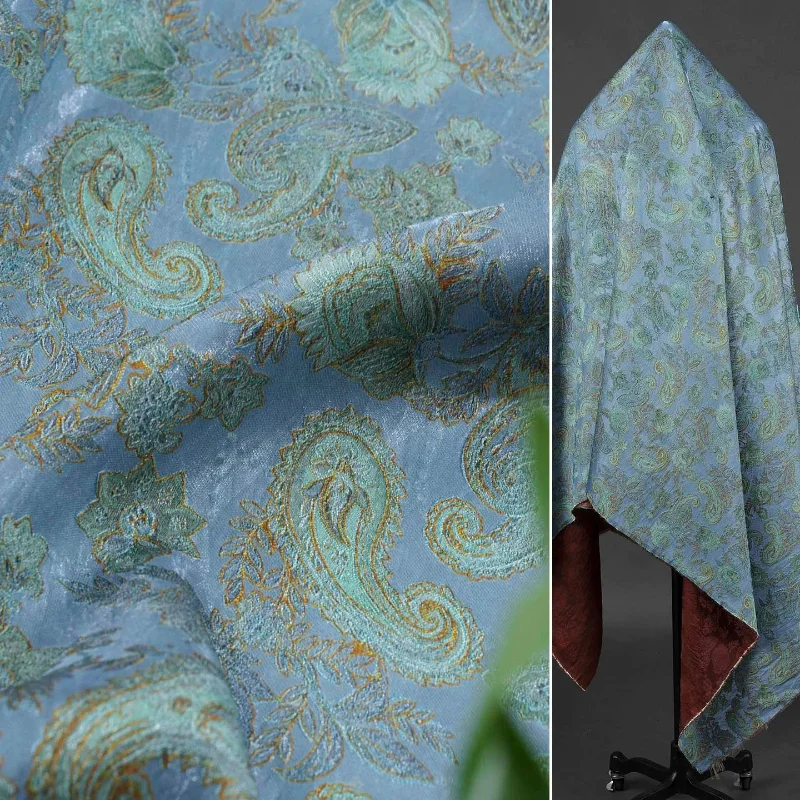 Vintage Blue Cashew Print Jacquard Satin Fabric Chinese Style Outerwear Apparel Textile Handmade DIY Craft Material Wholesale