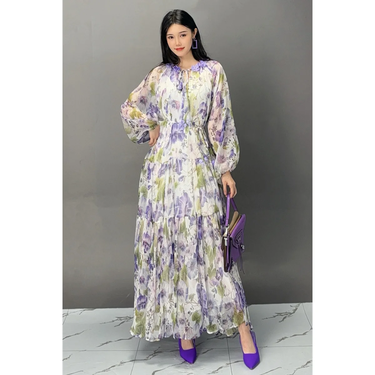 Vefadisa 2024 Autumn New Purple Printed Dress With Long Sleeves Lace-up Decorative For Temperament Elegant Fashion Dress ZXY962A