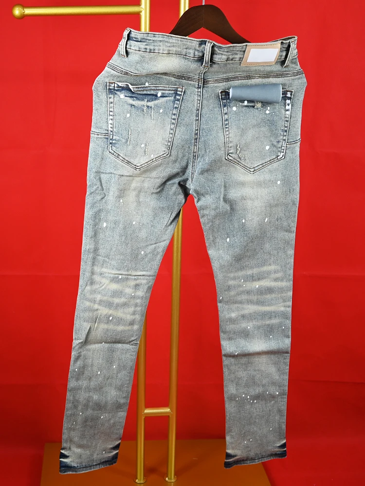 Purple Roca brand Jeans High Street Vintage Spotted Indigo Coated Mid Rise Slim Jeans Snow Wash High Quality Drop shipping