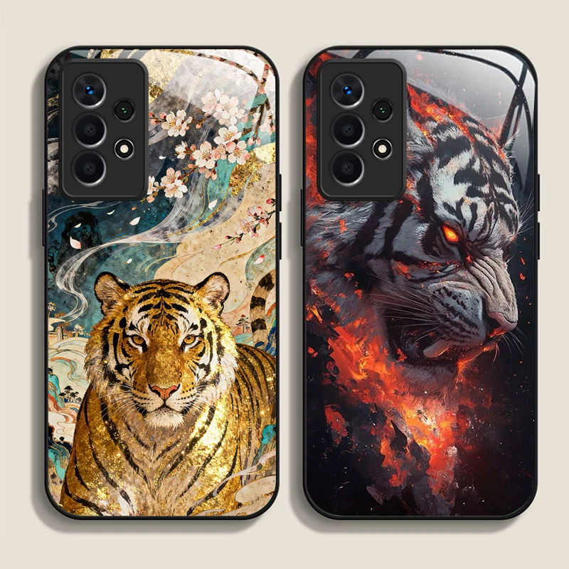 Luxurious Creative Golden Tiger Pattern Tempered Glass Phone Case for Samsung Galaxy A57 A37 A56 A55 A54 A53 A52 A51 A36 Covers