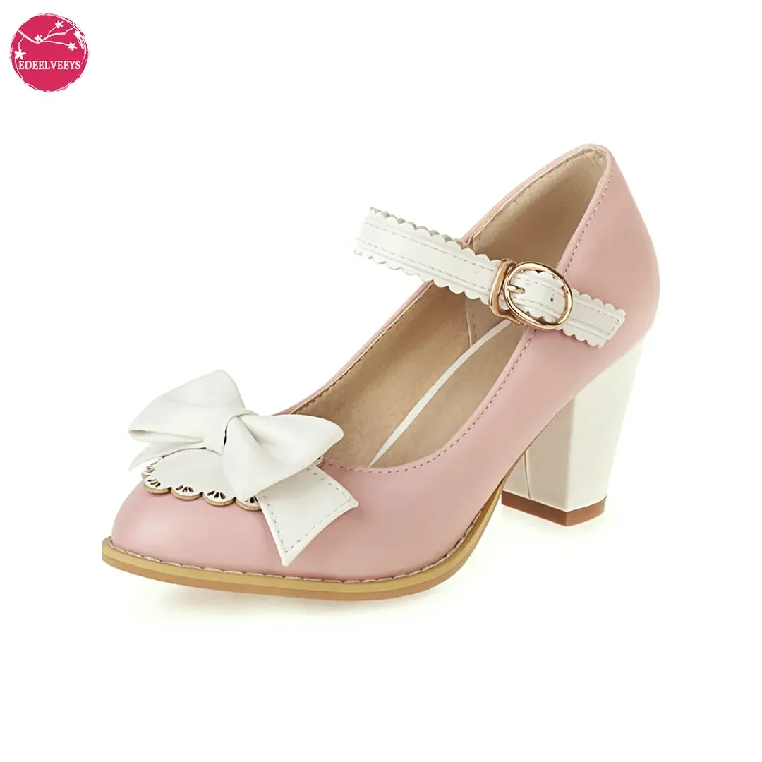 

Sweet Girls Mary Janes Shoes Round Toe Chunky Heels Buckle Strap Bowknot Mixed Color Big Plus Size Evening Party Dance Pumps