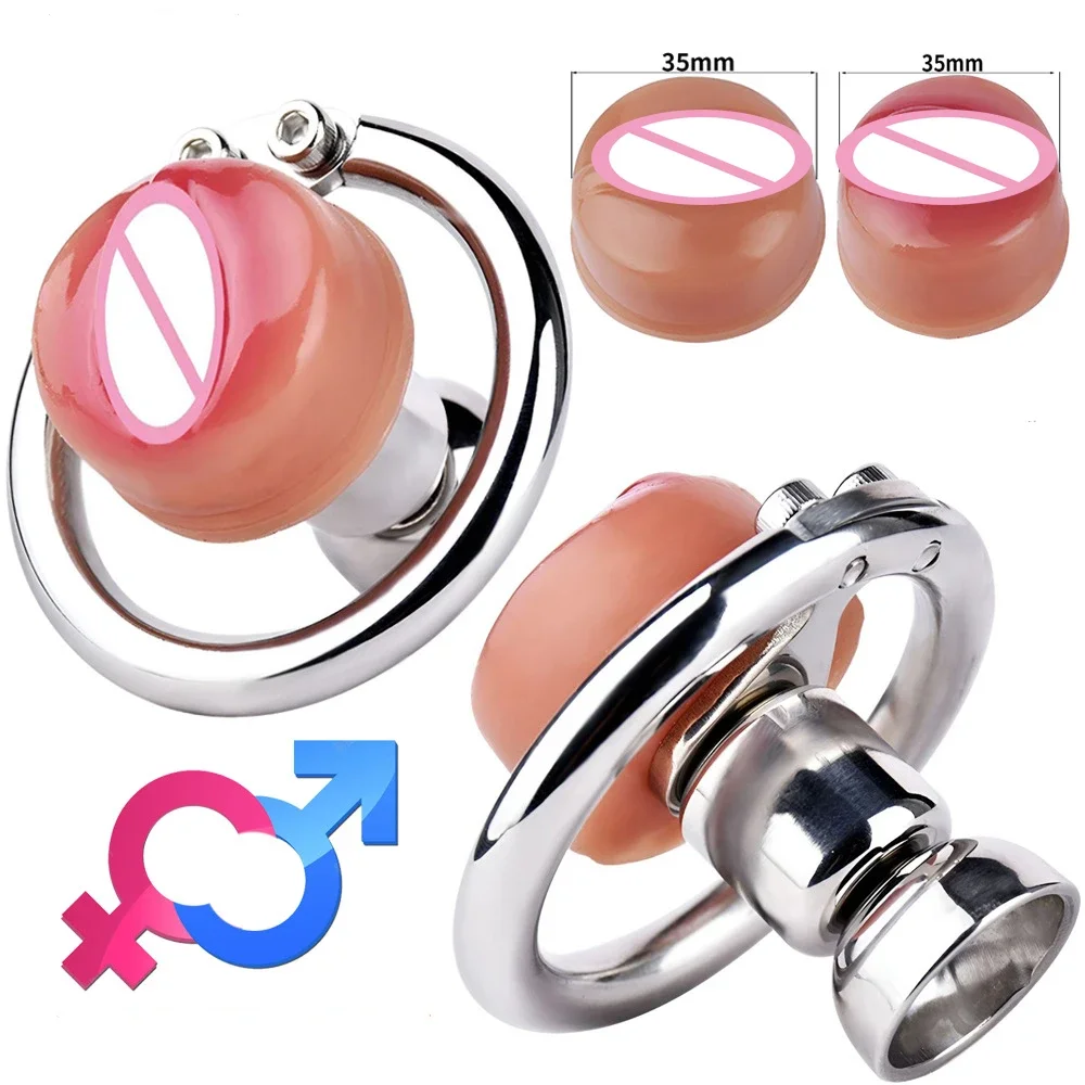 Men Become Women Simulation Vagina Chastity Cage Hollow Urethral Hole Metal Penis Lock Artificial Adult Sex Toys for Man Belt 18