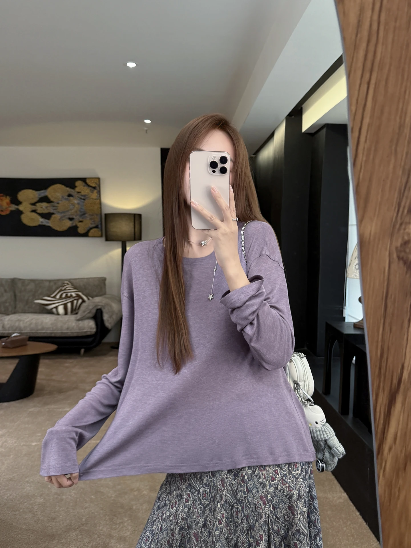 

Фиолетовая классическая вязаная базовая футболка свободного кроя для женщин на каждый день, из смесовой вискозы и шерсти, с длинным рукавом и круглым вырезом, от Zhang ei