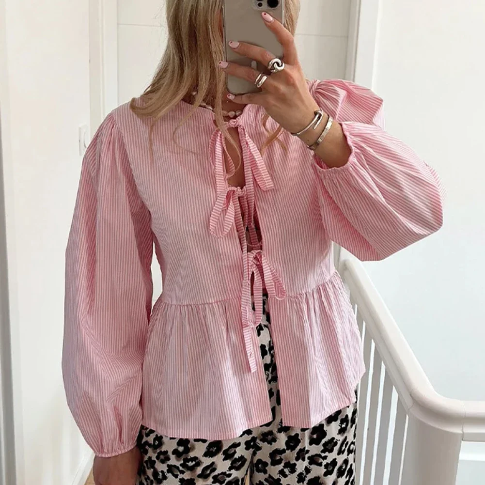 

Summer Blouses For Women Dressy Casual Women Puff Short Sleeve Peplum Shirts Tie Front Ruffle Hem Blouse Blusa Elegante Feminina