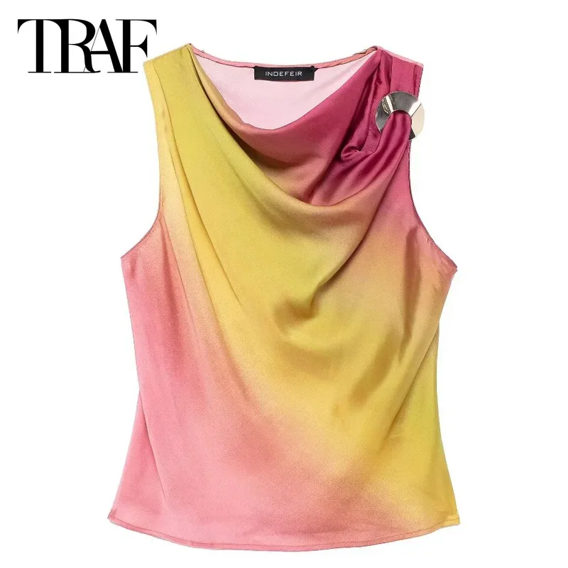 TRAF Women Top Tie Dye Crop Top Tanks & Camis Summer Sleeveless Cropped Satin Vests For Women 2024 Print O-Neck Short Casual Top