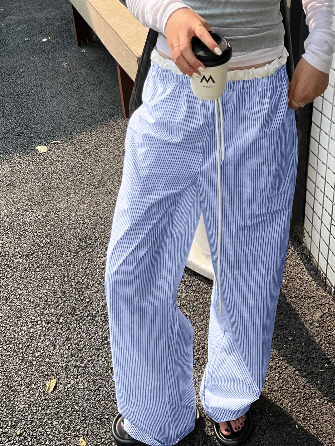 Weekeep y2k Striped Print Casual Pants Cute Ruched Patchwork Loose Straight Pants Vintage 2000s Aesthetic Sweet Women Trousers