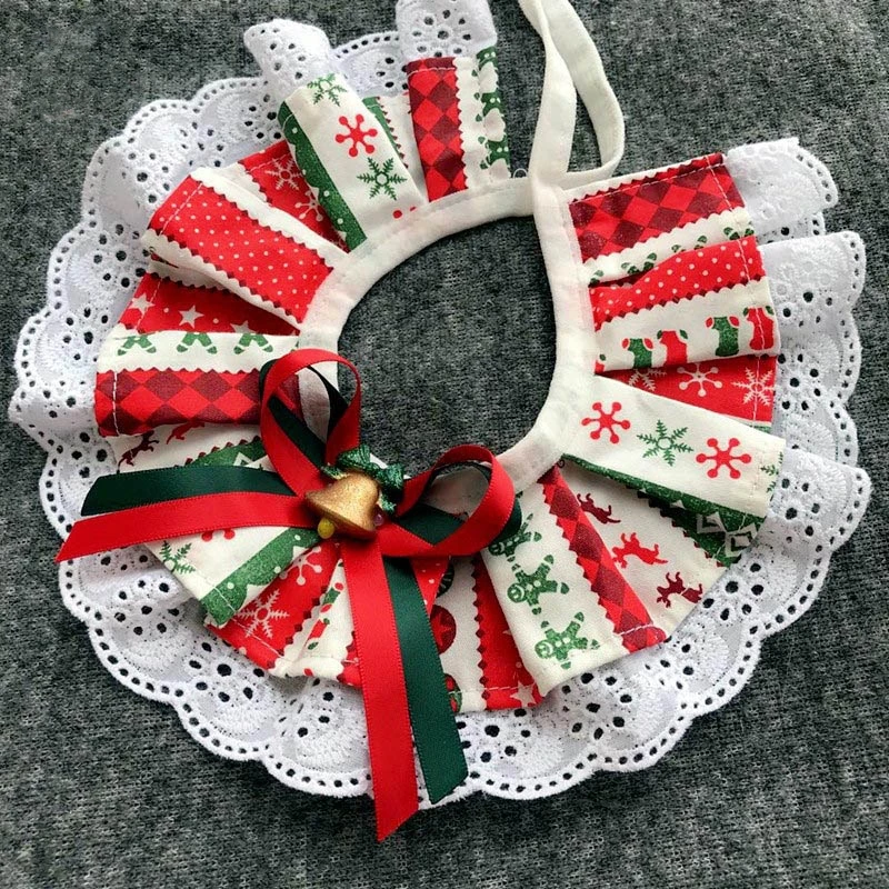 Christmas Pet Bib Lace Bow Collar Scarf With Bell Cat Kitten Cute Plaid Pattern Collar Necklace Pet New Year Costume Accessories